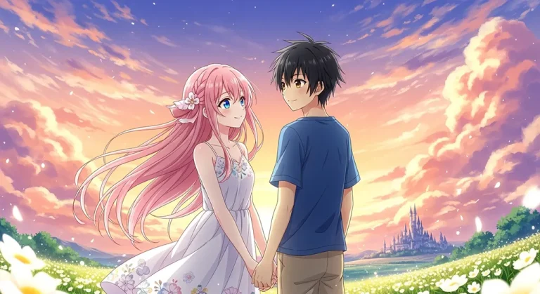 Romantic desktop background with anime couple