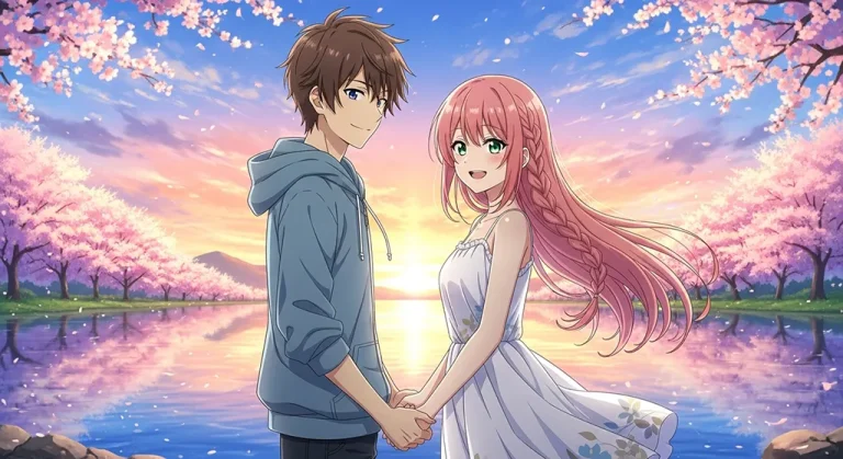 Romantic anime couple illustration for desktop