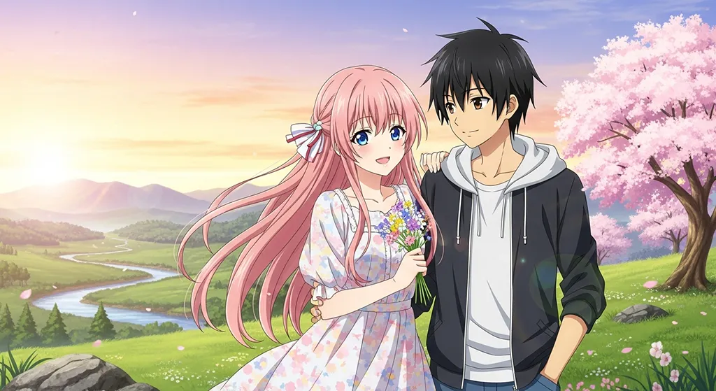 Romantic couple in anime art wallpaper