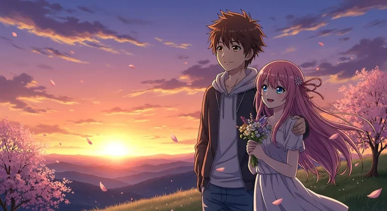 Anime couple on romantic wallpaper