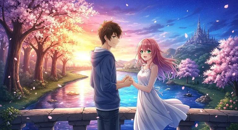 Desktop anime wallpaper with couple design