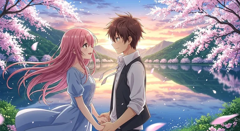 Romantic desktop wallpaper with anime couple