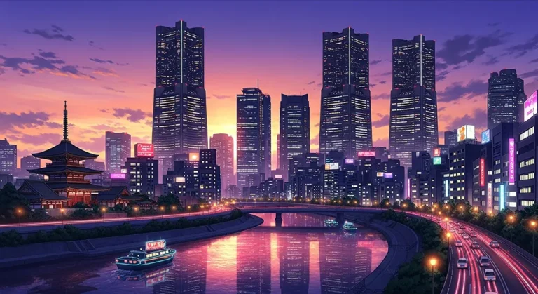 cool anime city sunset wallpaper for laptops