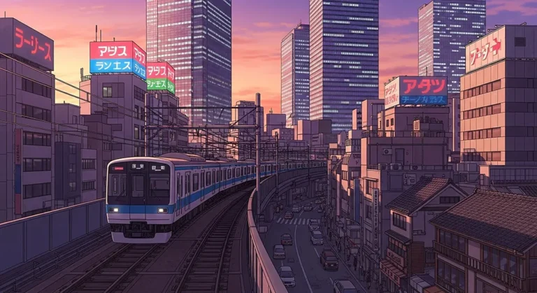 Bright anime train background for laptop screens