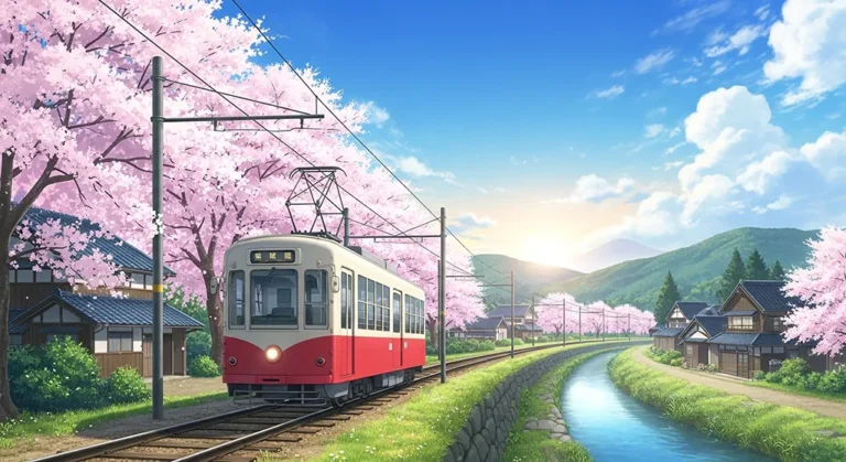 Bright anime train desktop background for laptops