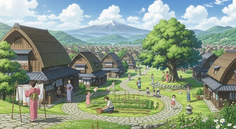 Relaxing anime village scene for laptops