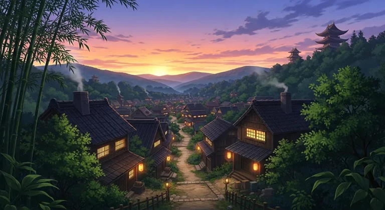 Peaceful anime village desktop image for PCs