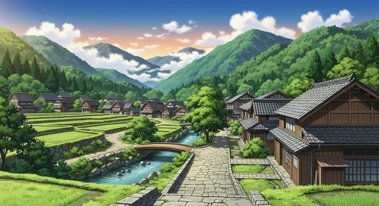 Fresh anime village scene for desktops