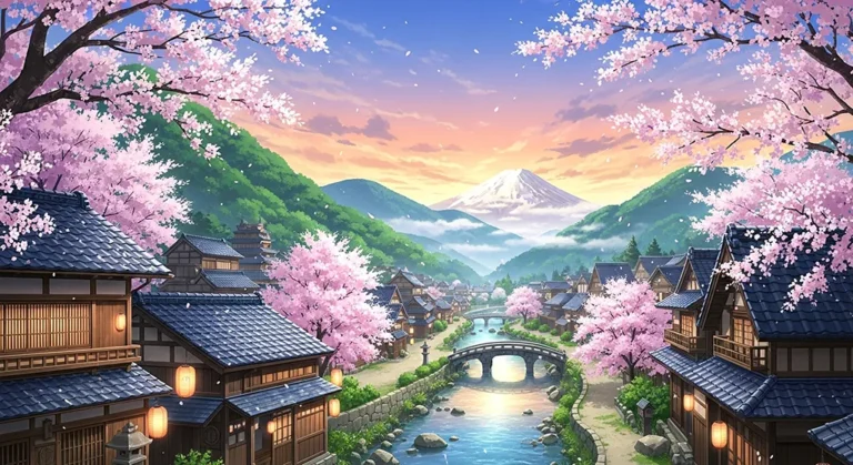 Bright-colored anime village wallpaper for desktops