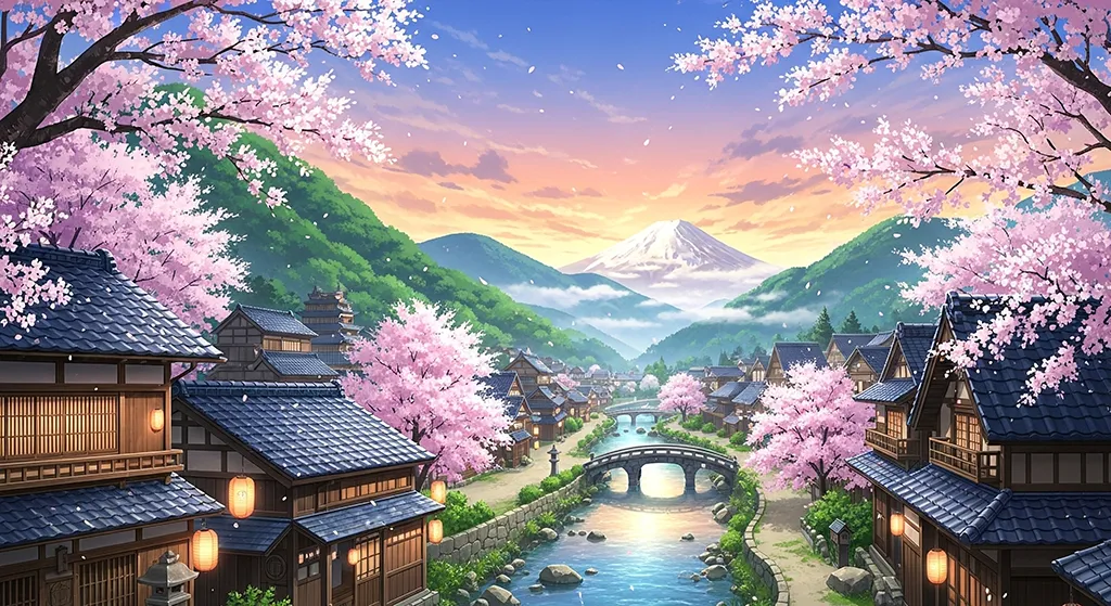 Bright-colored anime village wallpaper for desktops
