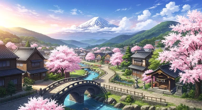 Beautiful anime village artwork for desktops