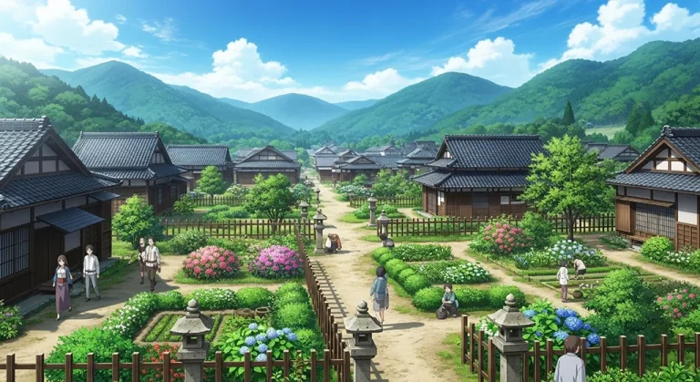 Green anime village background for desktops