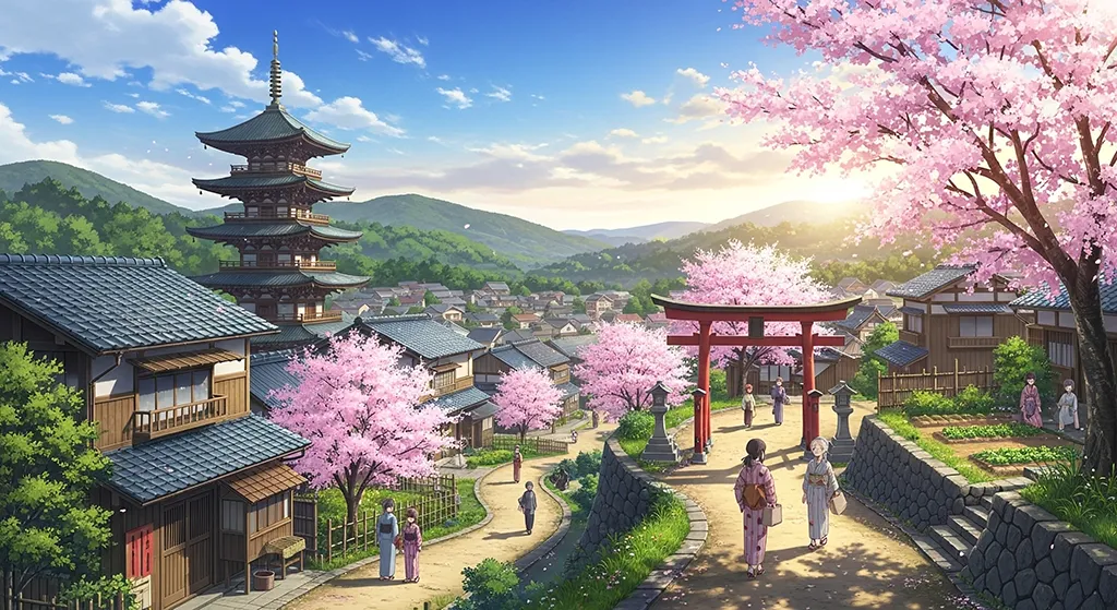 Elegant anime village background for laptops