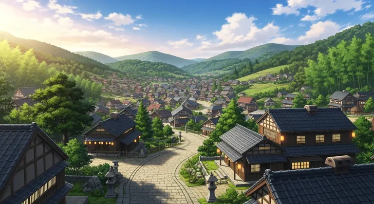 Dynamic anime village image for laptops