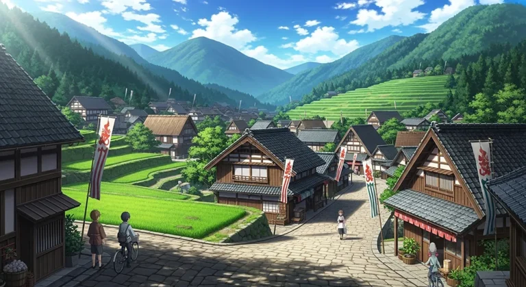 Relaxing anime village background for laptops