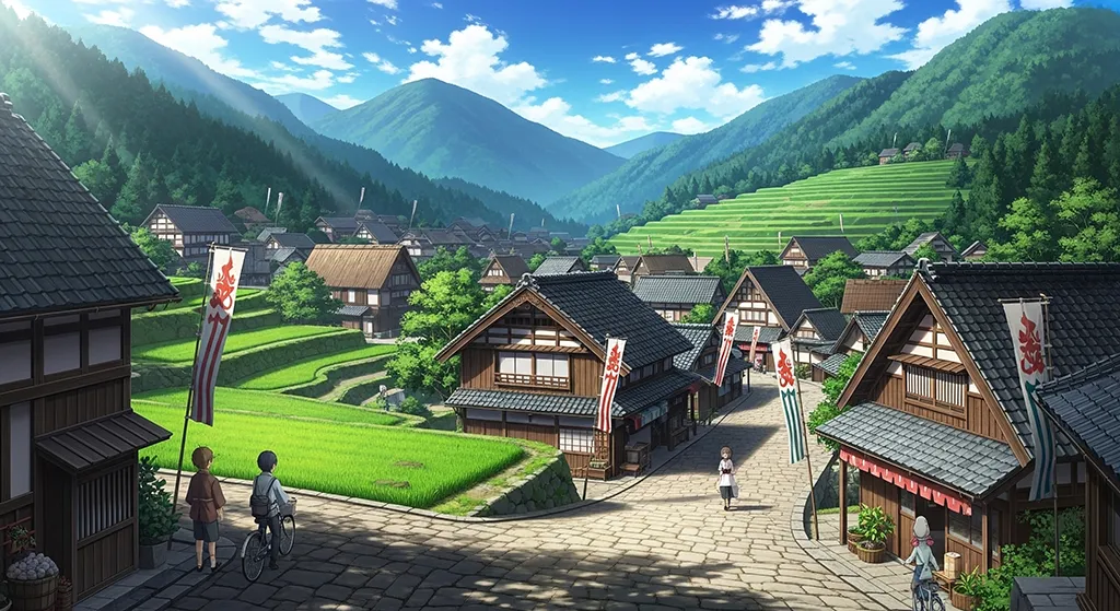 Relaxing anime village background for laptops