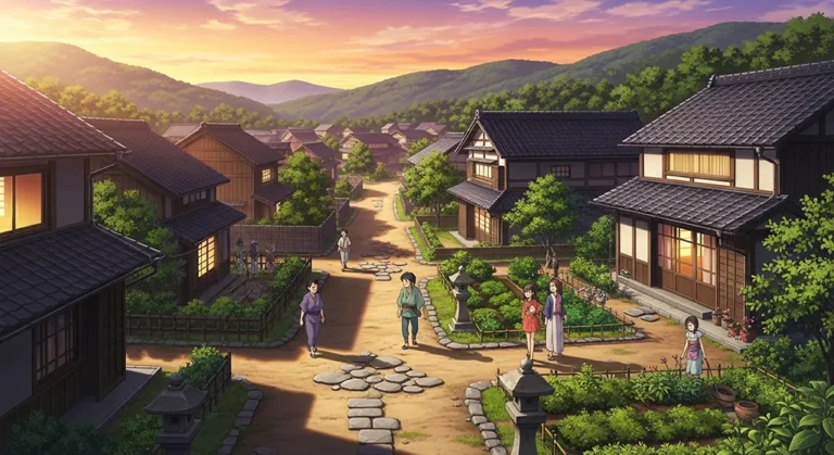 Playful anime village background for desktops