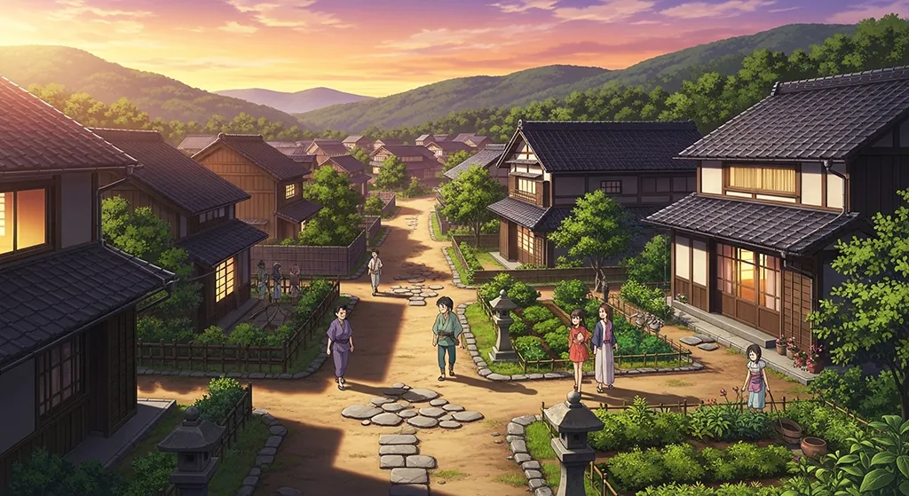 Playful anime village background for desktops