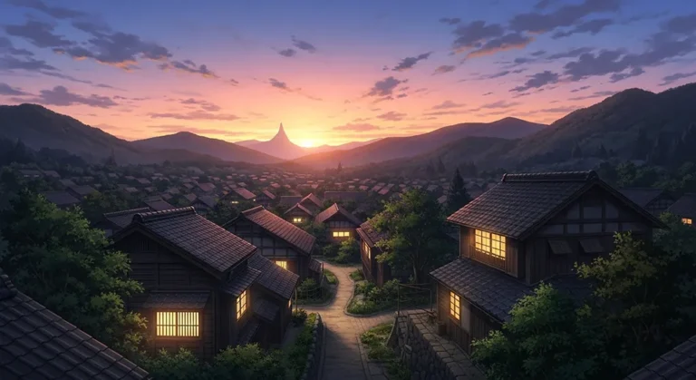 Anime Japanese Village Sunset Wallpaper