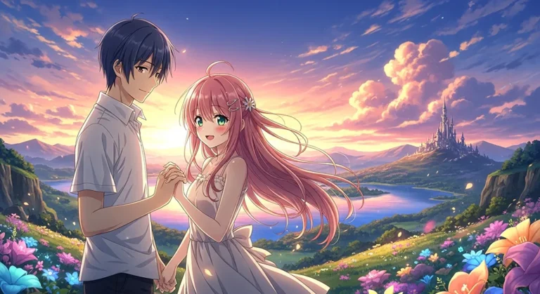 Anime couple fantasy sunset wallpaper