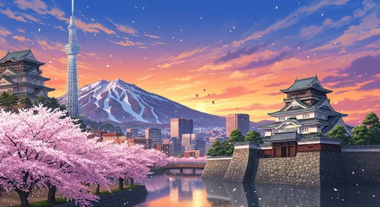 Japan cherry blossom city anime wallpaper