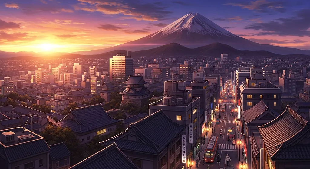 Mount Fuji city sunset anime wallpaper