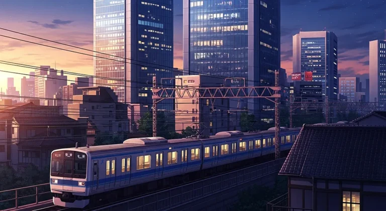 anime city train sunset wallpaper