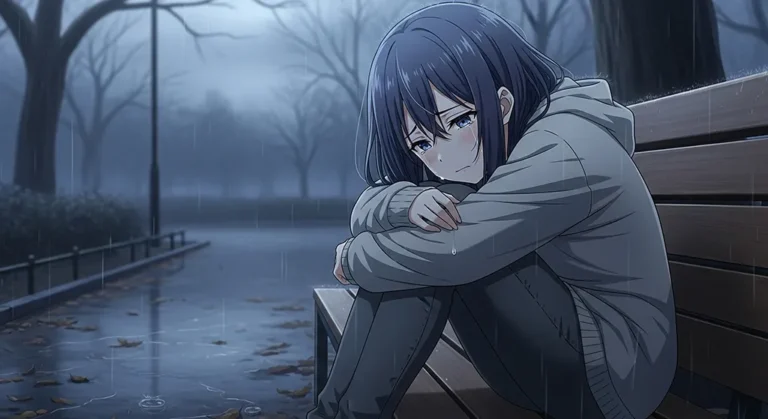 anime girl rain bench wallpaper