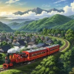 anime steam train village wallpaper