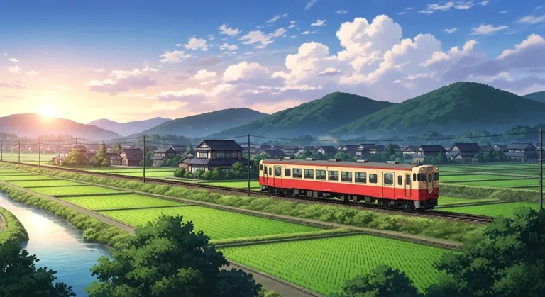 anime train rice fields wallpaper